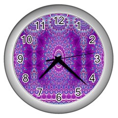 India Ornaments Mandala Pillar Blue Violet Wall Clocks (silver)  by EDDArt