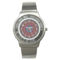 Abstract Painting Mandala Salmon Blue Green Stainless Steel Watch by EDDArt