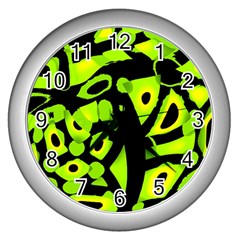 Green Neon Abstraction Wall Clocks (silver)  by Valentinaart