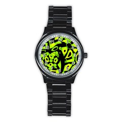 Green Neon Abstraction Stainless Steel Round Watch by Valentinaart