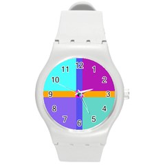 Right Angle Squares Stripes Cross Colored Round Plastic Sport Watch (m) by EDDArt