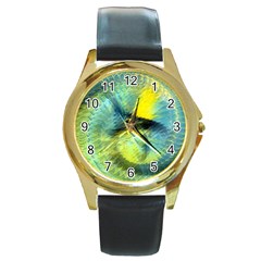 Light Blue Yellow Abstract Fractal Round Gold Metal Watch by designworld65