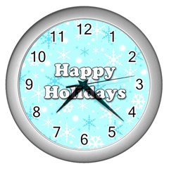 Happy Holidays Blue Pattern Wall Clocks (silver)  by Valentinaart