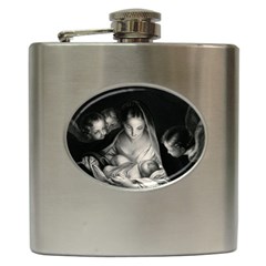 Nativity Scene Birth Of Jesus With Virgin Mary And Angels Black And White Litograph Hip Flask (6 Oz) by yoursparklingshop