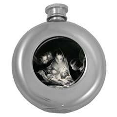 Nativity Scene Birth Of Jesus With Virgin Mary And Angels Black And White Litograph Round Hip Flask (5 Oz) by yoursparklingshop