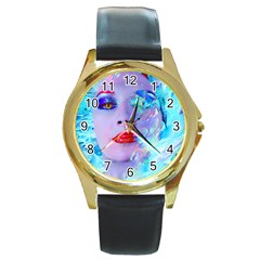 Swimming Into The Blue Round Gold Metal Watch
