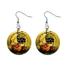 Halloween, Funny Pumpkins And Skull With Spider Mini Button Earrings by FantasyWorld7