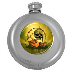 Halloween, Funny Pumpkins And Skull With Spider Round Hip Flask (5 Oz) by FantasyWorld7