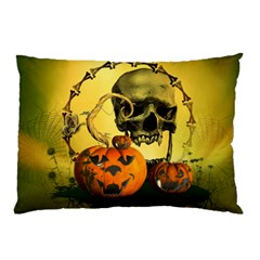 Halloween, Funny Pumpkins And Skull With Spider Pillow Case by FantasyWorld7