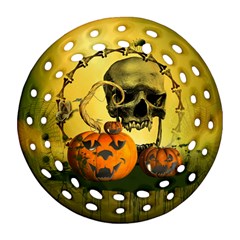 Halloween, Funny Pumpkins And Skull With Spider Ornament (round Filigree)  by FantasyWorld7