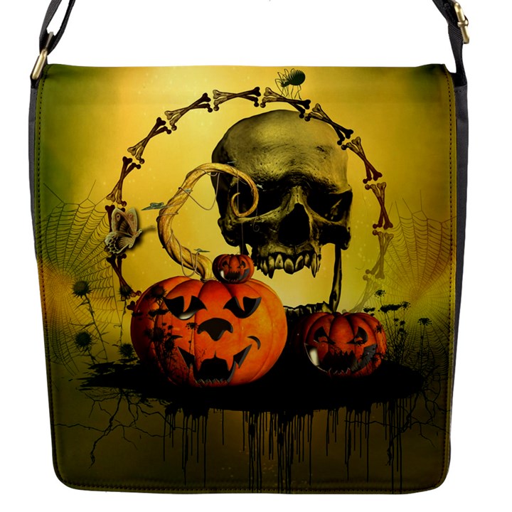 Halloween, Funny Pumpkins And Skull With Spider Flap Messenger Bag (S)