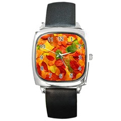 Colorful Fall Leaves Square Metal Watch