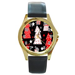 Red Playful Xmas Round Gold Metal Watch by Valentinaart