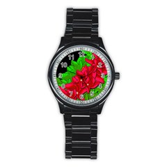 Xmas Red Flowers Stainless Steel Round Watch by Valentinaart