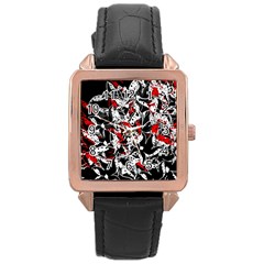 Red Abstract Flowers Rose Gold Leather Watch  by Valentinaart