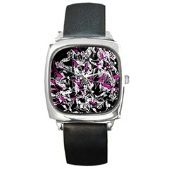 Purple Abstract Flowers Square Metal Watch by Valentinaart
