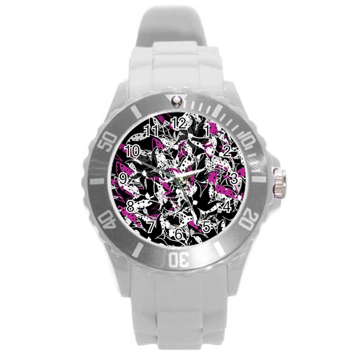 Purple abstract flowers Round Plastic Sport Watch (L)