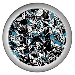 Blue Abstract Flowers Wall Clocks (silver)  by Valentinaart