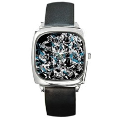 Blue Abstract Flowers Square Metal Watch by Valentinaart