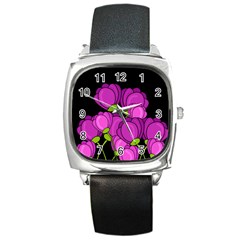 Purple tulips Square Metal Watch