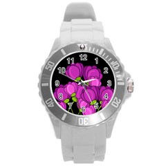 Purple Tulips Round Plastic Sport Watch (l) by Valentinaart