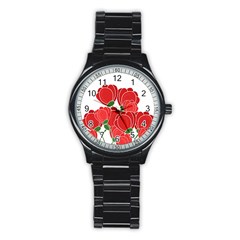 Red Floral Design Stainless Steel Round Watch by Valentinaart