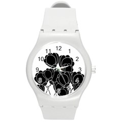 Black Flowers Round Plastic Sport Watch (m) by Valentinaart