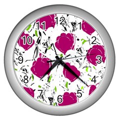 Magenta Roses Wall Clocks (silver)  by Valentinaart