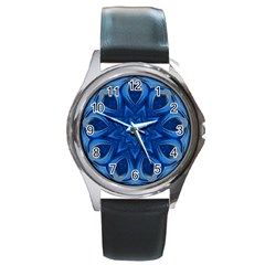 Blue Blossom Mandala Round Metal Watch by designworld65