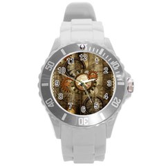 Wonderful Steampunk Design With Clocks And Gears Round Plastic Sport Watch (l) by FantasyWorld7