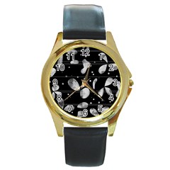 Black And White Floral Abstraction Round Gold Metal Watch