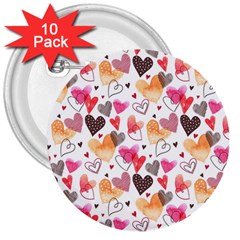 Colorful Cute Hearts Pattern 3  Buttons (10 Pack)  by TastefulDesigns