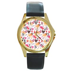 Colorful Cute Hearts Pattern Round Gold Metal Watch