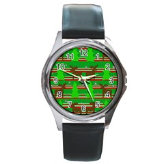 Christmas Trees And Reindeer Pattern Round Metal Watch by Valentinaart