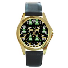 Decorative Xmas reindeer pattern Round Gold Metal Watch