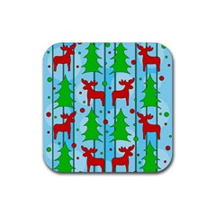 Xmas Reindeer Pattern - Blue Rubber Coaster (square)  by Valentinaart