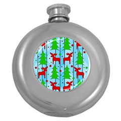 Xmas Reindeer Pattern - Blue Round Hip Flask (5 Oz) by Valentinaart