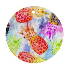 Colorful Pineapples Over A Blue Background Round Ornament (two Sides)  by DanaeStudio