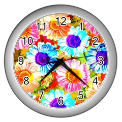 Colorful Daisy Garden Wall Clocks (silver)  by DanaeStudio