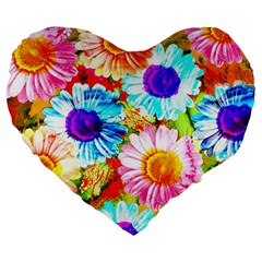 Colorful Daisy Garden Large 19  Premium Heart Shape Cushions by DanaeStudio