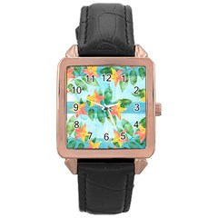 Tropical Starfruit Pattern Rose Gold Leather Watch  by DanaeStudio