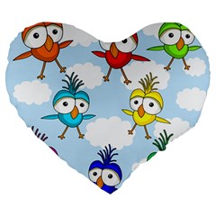 Cute Colorful Birds  Large 19  Premium Heart Shape Cushions by Valentinaart