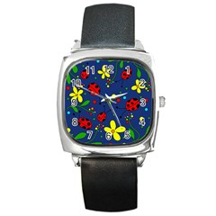 Ladybugs - Blue Square Metal Watch by Valentinaart
