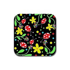 Flowers And Ladybugs Rubber Square Coaster (4 Pack) 