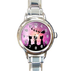 Cats Looking In The Sky At Santa Claus At Night Round Italian Charm Watch