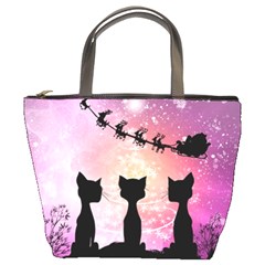 Cats Looking In The Sky At Santa Claus At Night Bucket Bags by FantasyWorld7