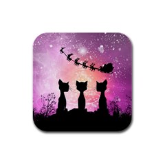 Cats Looking In The Sky At Santa Claus At Night Rubber Square Coaster (4 Pack)  by FantasyWorld7