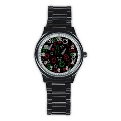 Green And  Red Xmas Pattern Stainless Steel Round Watch by Valentinaart