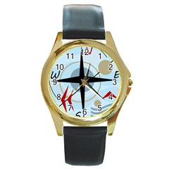 Compass Round Gold Metal Watch