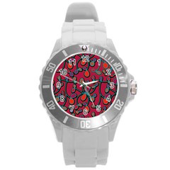 Red floral pattern Round Plastic Sport Watch (L)